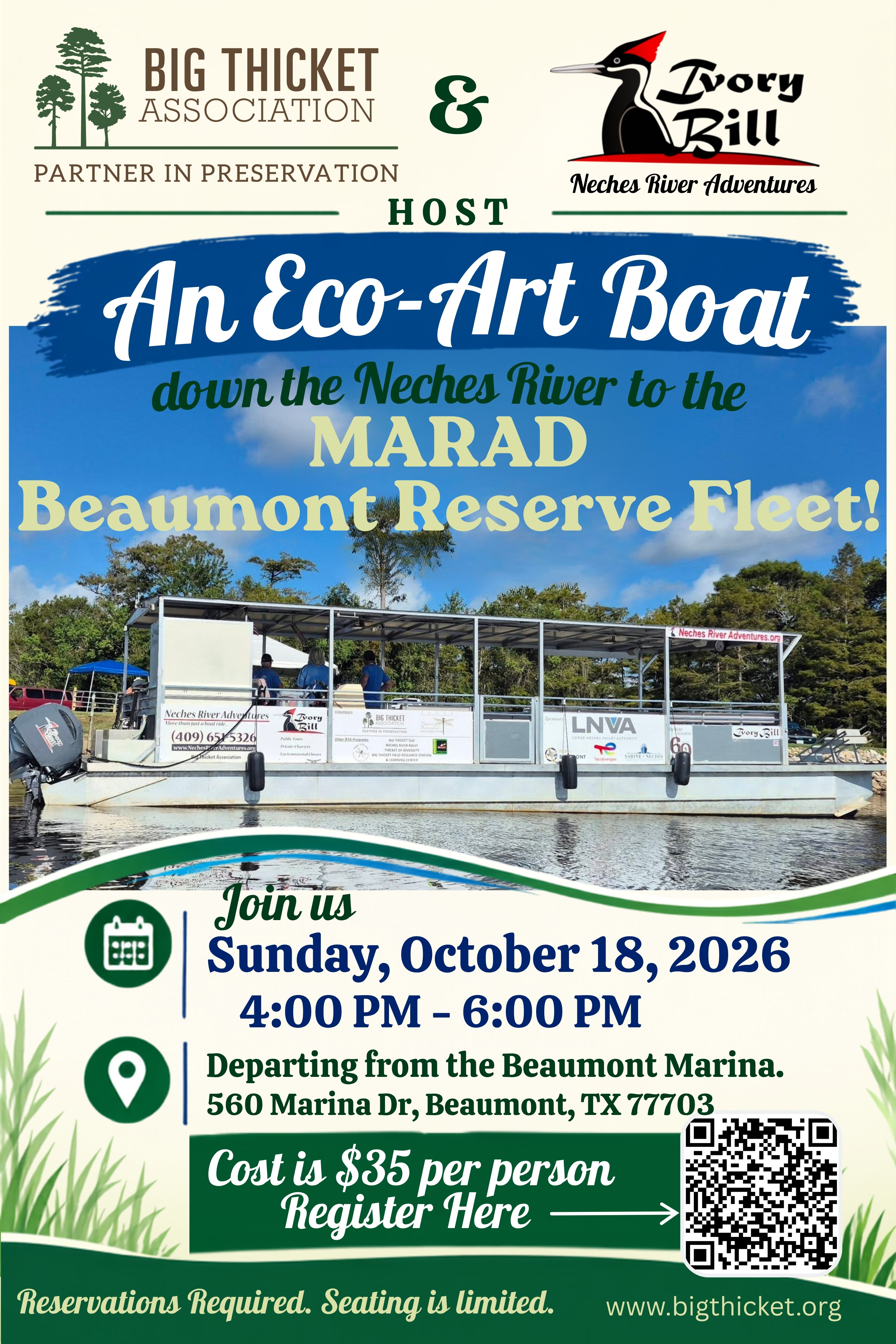 Flyer for the October 18, 2026 Eco-Art Boat trip down the Neches River to the MARAD Beaumont Reserve Fleet. The trip departs from the Beaumont Marina from 4:00 to 6:00 p.m.; reservations are required and seating is limited.
