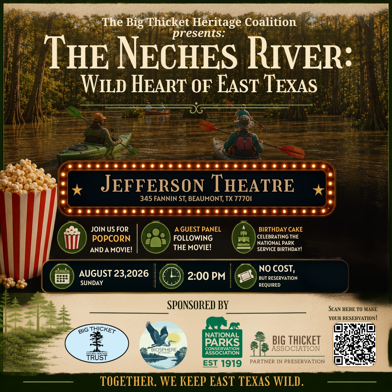 Event poster for The Neches River: Wild Heart of East Texas, with a QR code for reservations