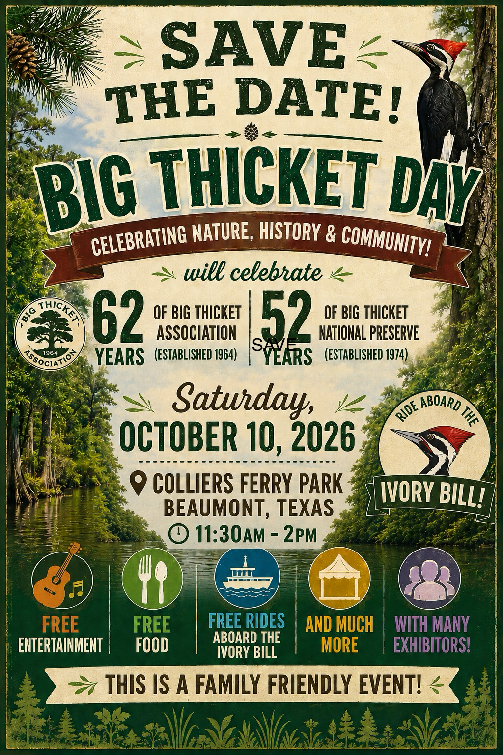 Big Thicket Day flyer announcing the October 10, 2026 family event at Colliers Ferry Park in Beaumont, with free entertainment, food, Ivory Bill boat rides, and exhibitors.