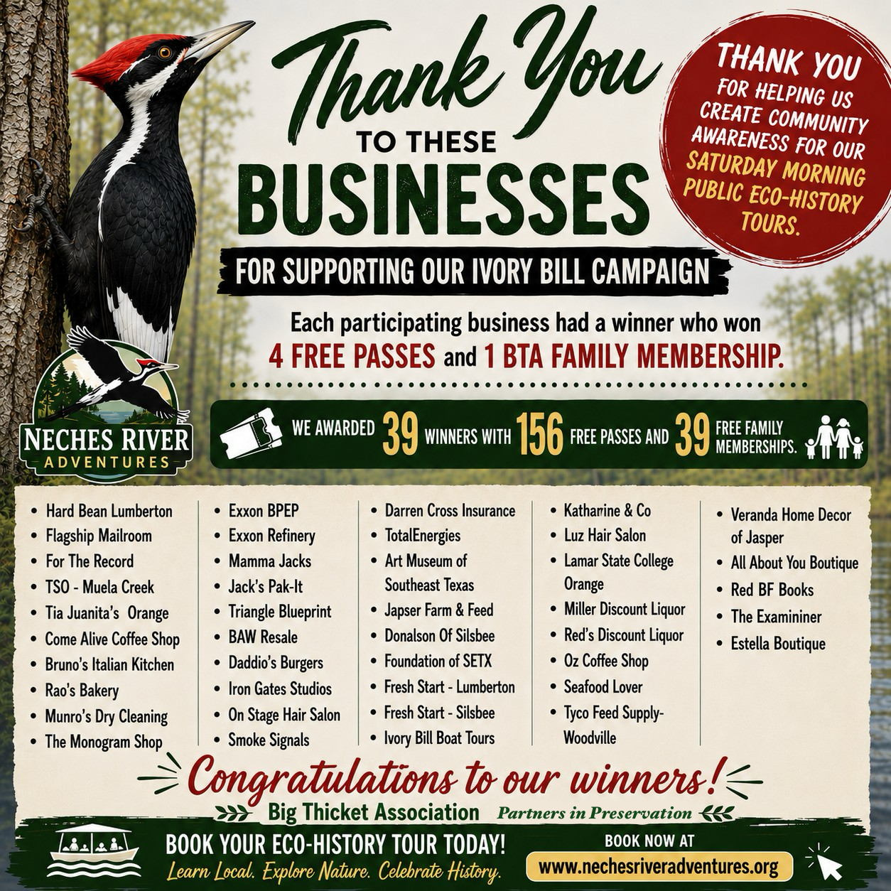 Businesses supporting the Ivory Bill campaign and Saturday morning public eco-history tours.