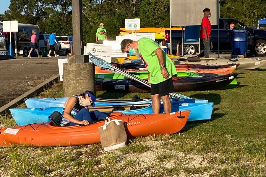 test driving kayak on land by John Stafford